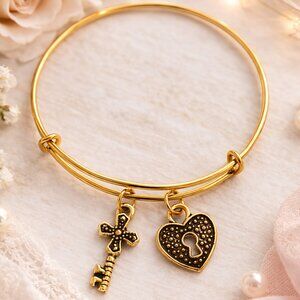 Gold Key to My Heart Charm Bangle Bracelet Lock & Key